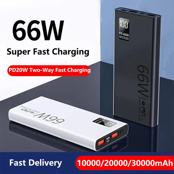 30000mAh Power Bank: USB-C PD 20W/66W Fast Charging for iPhone 15, Huawei, Xiaomi, Samsung