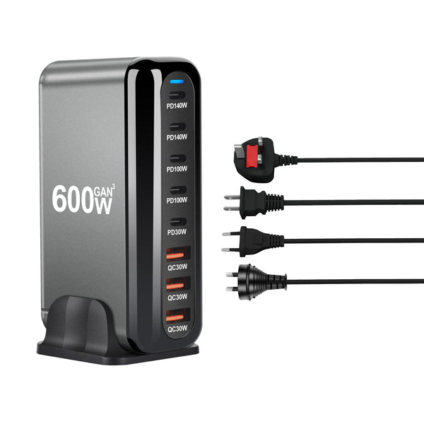 600W GaN Fast Charger: USB-C 3.0, 8-Port, PD Charging for Phones & Tablets