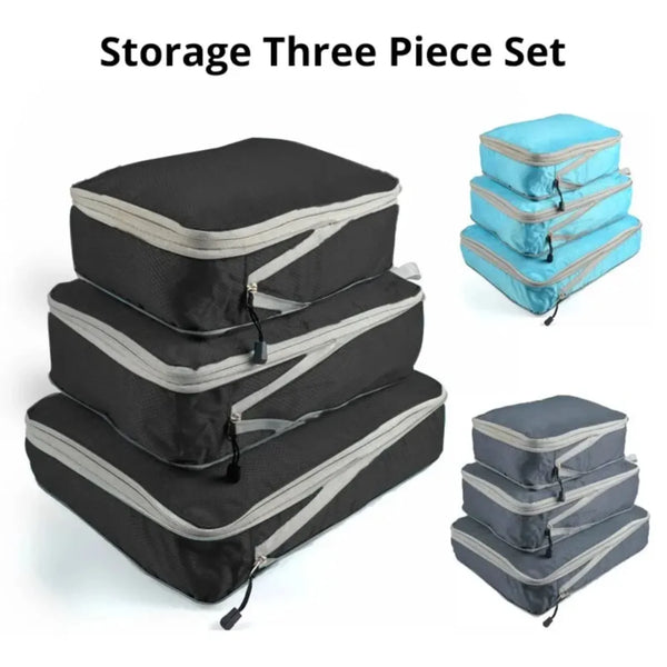 3-Piece Travel Packing Cubes – Black/Blue/Grey, Compressible & Portable