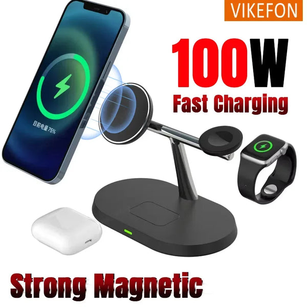 3-in-1 Magnetic Wireless Charger: 100W Fast Charging for MagSafe iPhone, Apple Watch, AirPods Pro