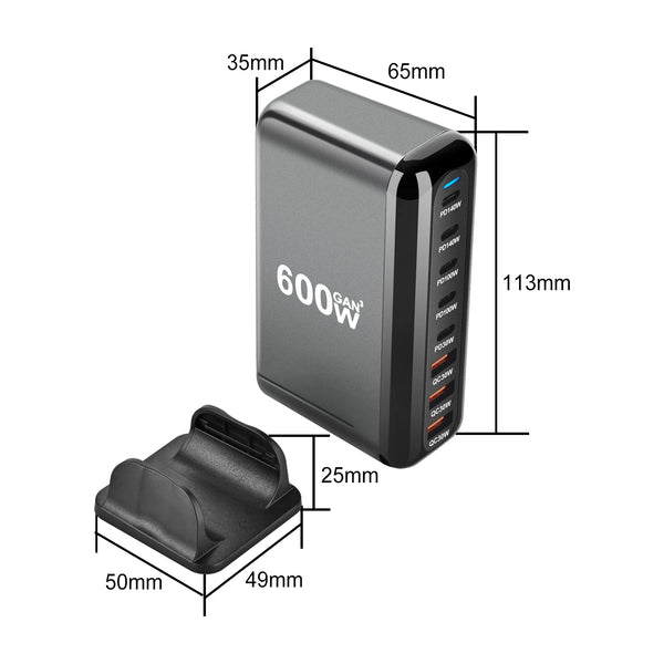 600W GaN Fast Charger: USB-C 3.0, 8-Port, PD Charging for Phones & Tablets